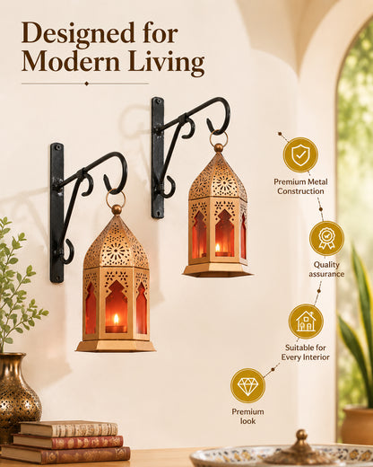 Wall Metal Decorative Antique Copper Finish Moroccan Lantern Candle Holder, Set of 2, Tealight Hanging Home Office Decor with Wall Hook