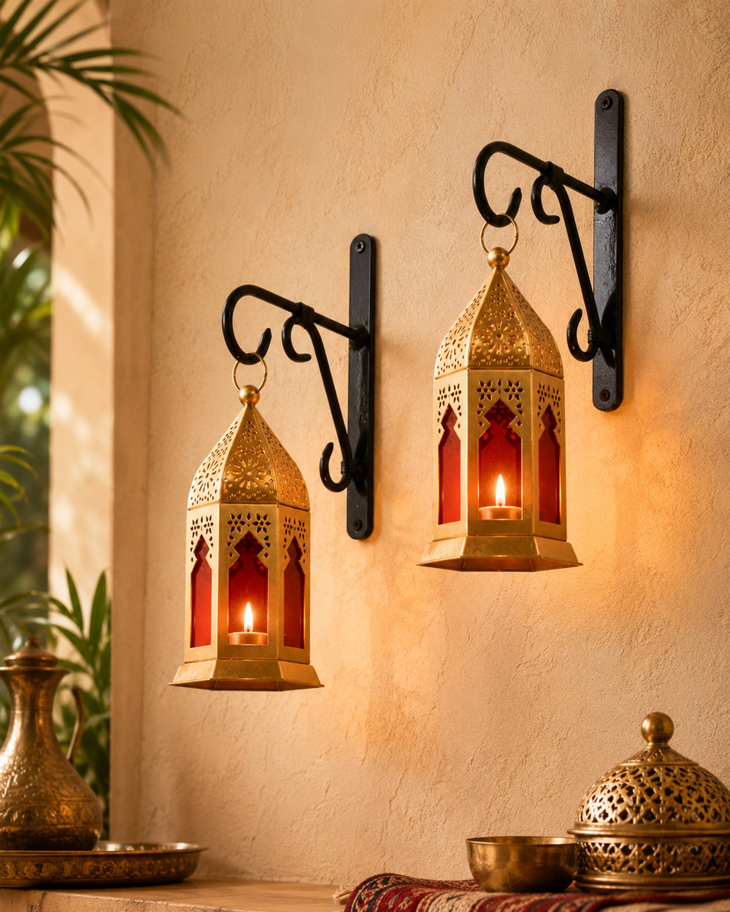 Wall Metal Decorative Antique Brass Finish Moroccan Lantern Candle Holder, Set of 2, Tealight Hanging Home Office Decor with Wall Hook