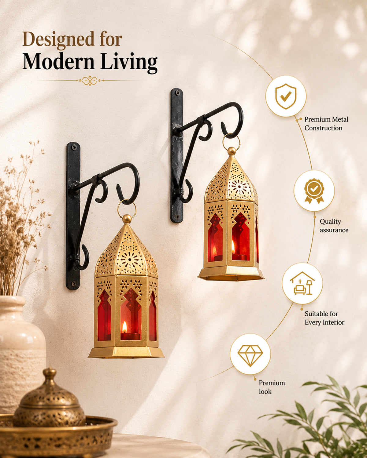 Wall Metal Decorative Antique Brass Finish Moroccan Lantern Candle Holder, Set of 2, Tealight Hanging Home Office Decor with Wall Hook