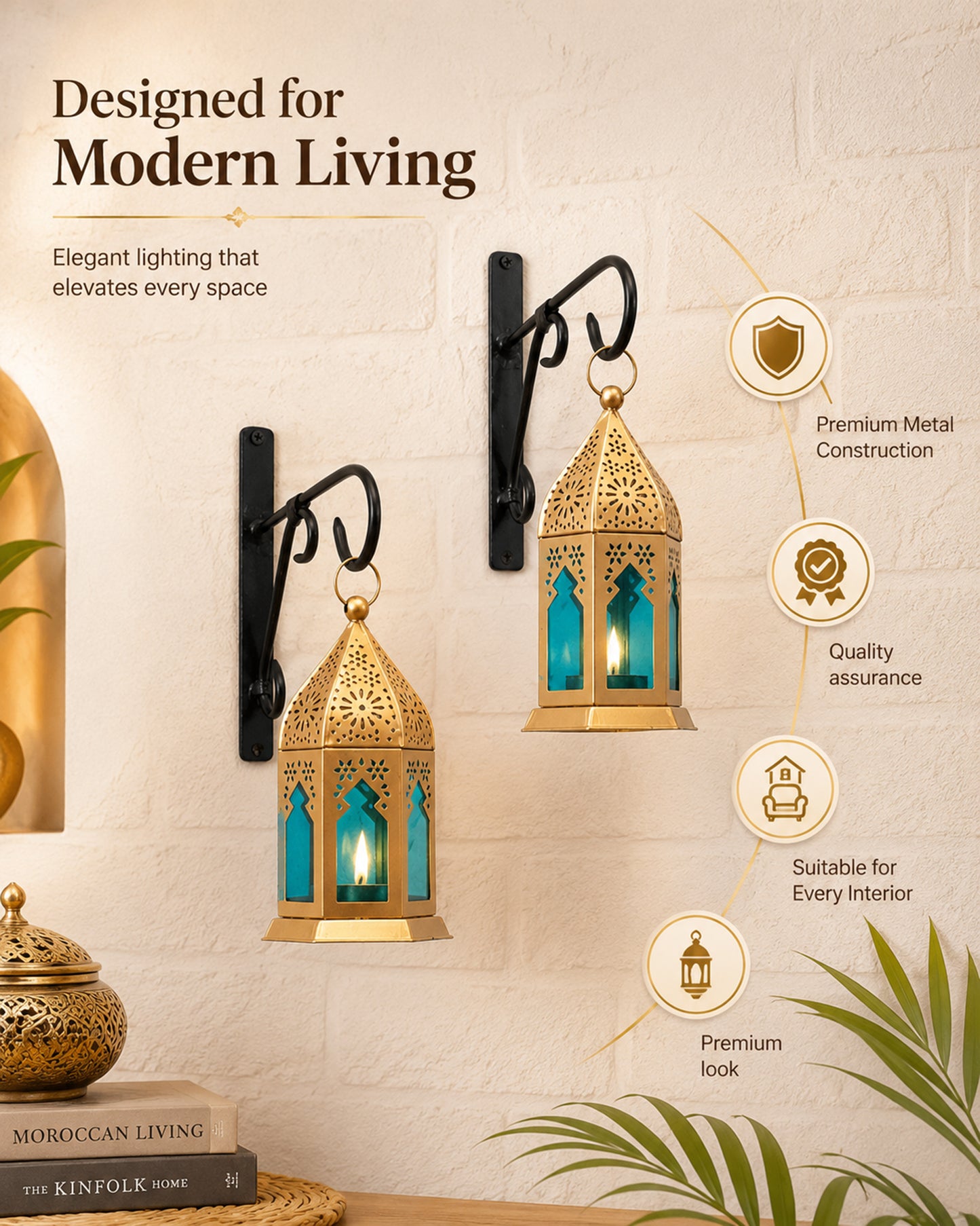 Wall Metal Decorative Antique Brass Finish Moroccan Lantern Candle Holder, Set of 2, Tealight Hanging Home Office Decor with Wall Hook