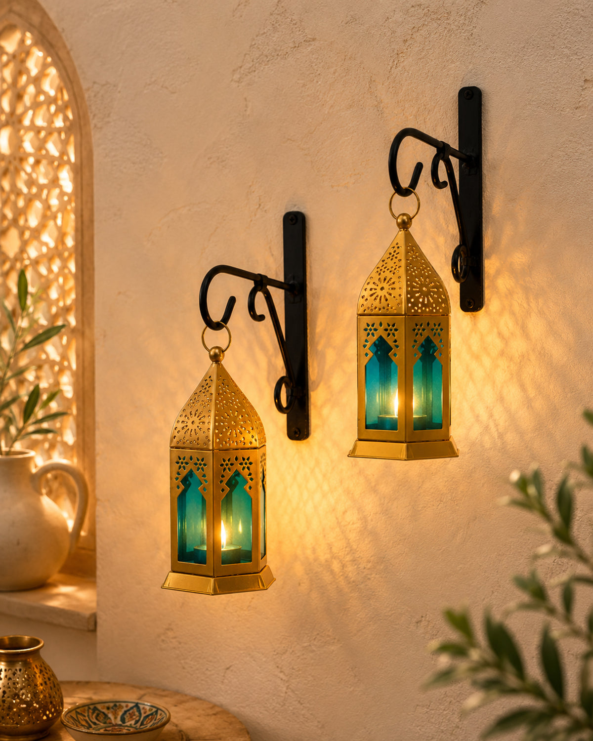 Wall Metal Decorative Antique Brass Finish Moroccan Lantern Candle Holder, Set of 2, Tealight Hanging Home Office Decor with Wall Hook