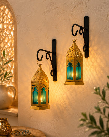 Wall Metal Decorative Antique Brass Finish Moroccan Lantern Candle Holder, Set of 2, Tealight Hanging Home Office Decor with Wall Hook