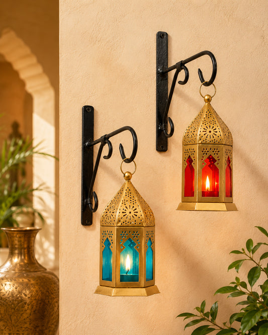 Wall Metal Decorative Antique Brass Finish Moroccan Lantern Candle Holder, Set of 2, Tealight Hanging Home Office Decor with Wall Hook