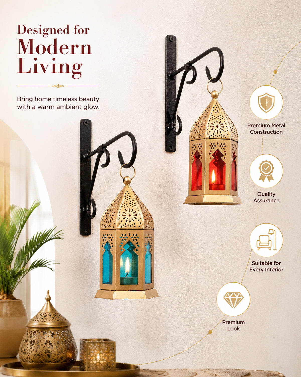 Wall Metal Decorative Antique Brass Finish Moroccan Lantern Candle Holder, Set of 2, Tealight Hanging Home Office Decor with Wall Hook