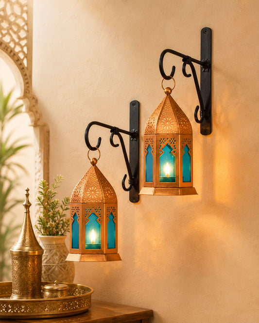 Wall Metal Decorative Antique Copper Finish Moroccan Lantern Candle Holder, Set of 2, Tealight Hanging Home Office Decor with Wall Hook