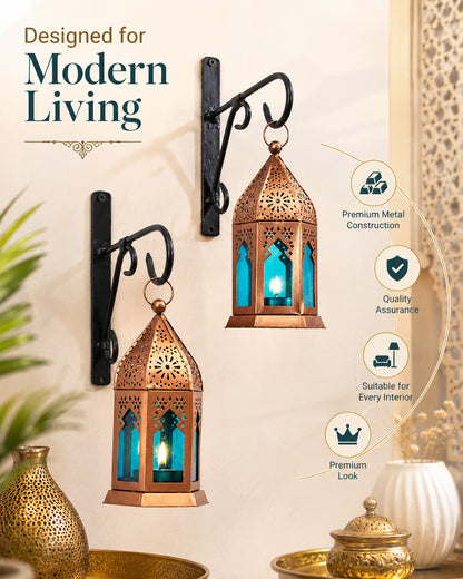 Wall Metal Decorative Antique Copper Finish Moroccan Lantern Candle Holder, Set of 2, Tealight Hanging Home Office Decor with Wall Hook