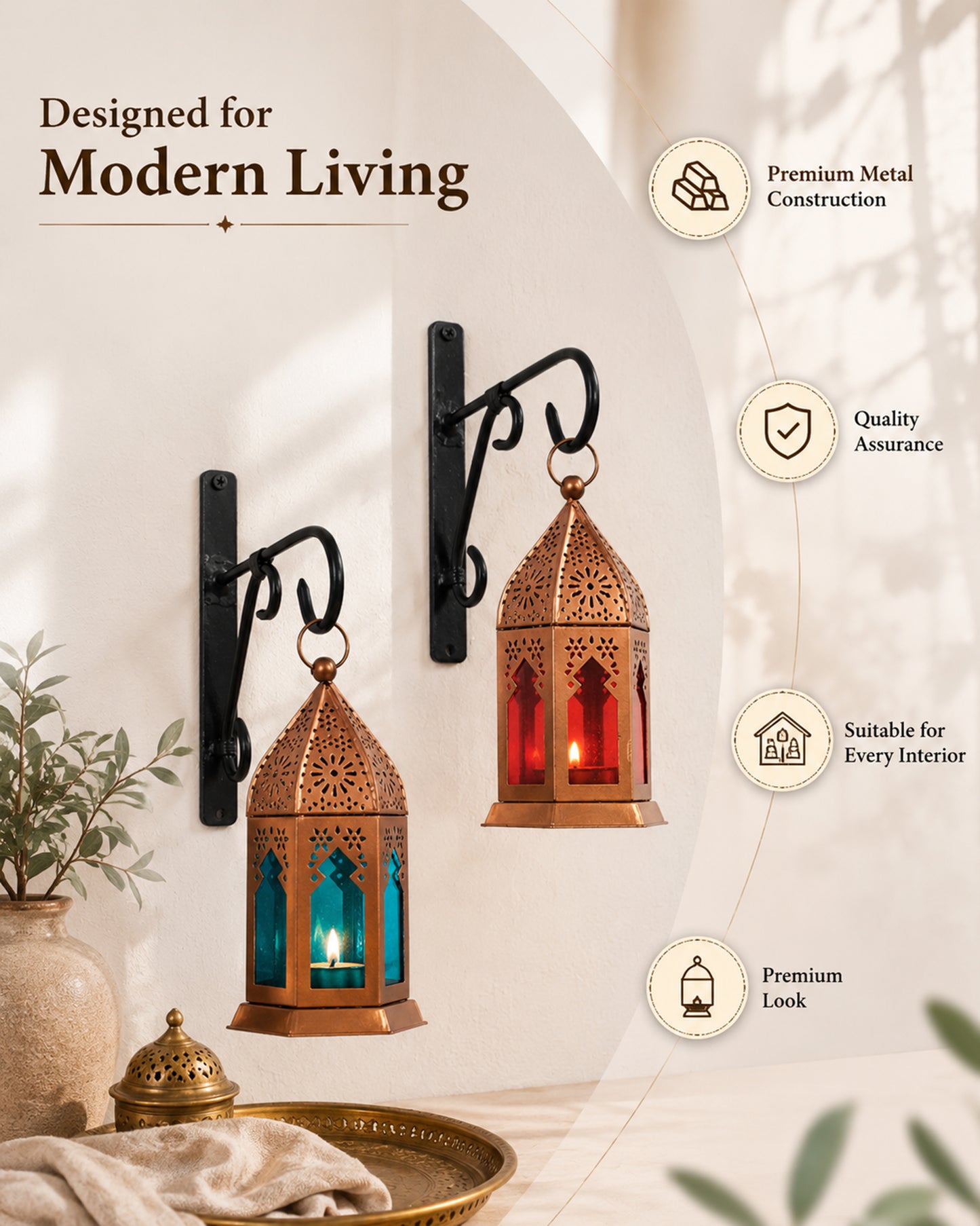 Wall Metal Decorative Antique Copper Finish Moroccan Lantern Candle Holder, Set of 2, Tealight Hanging Home Office Decor with Wall Hook