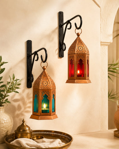 Wall Metal Decorative Antique Copper Finish Moroccan Lantern Candle Holder, Set of 2, Tealight Hanging Home Office Decor with Wall Hook