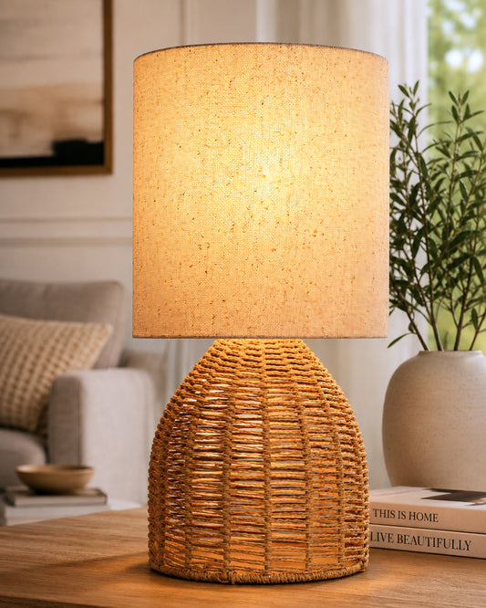 Homesake® Raffia Rattan Table Lamp with Fabric Shade, Small Nightstand Lamp, Natural Wicker Bedside Lamp for Bedroom, Living Room, Study & Home Décor, Livra Collection | E27 Holder