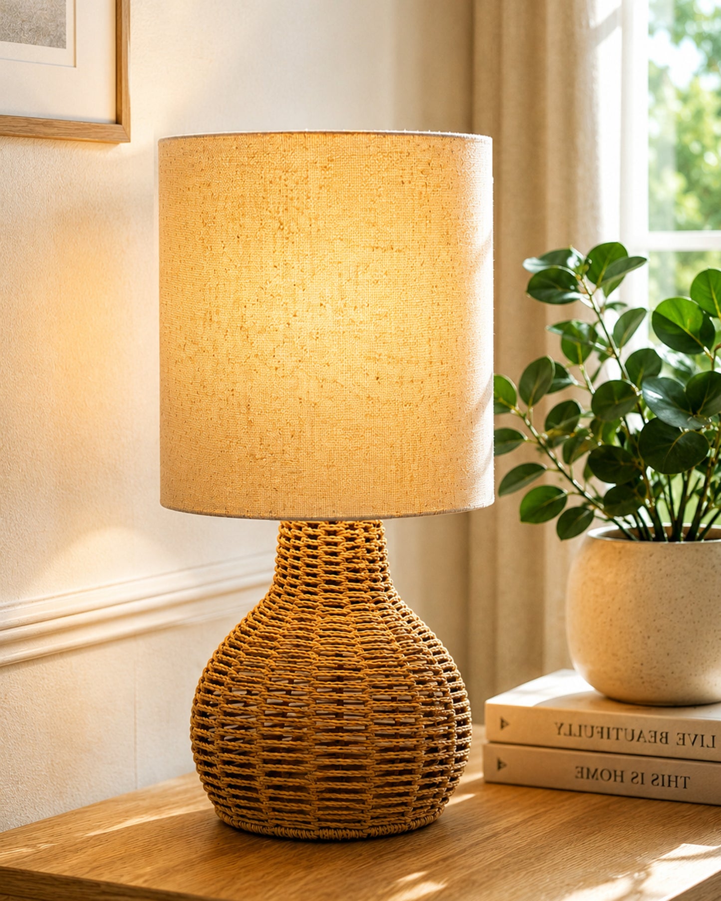 Homesake® Raffia Rattan Table Lamp, Small Nightstand Lamp with Linen Fabric Lampshade, Bedside Lamp for Bedroom, Living Room, Study & Livra Home Décor | Warm Ambient Lighting (Spinning, Jute)