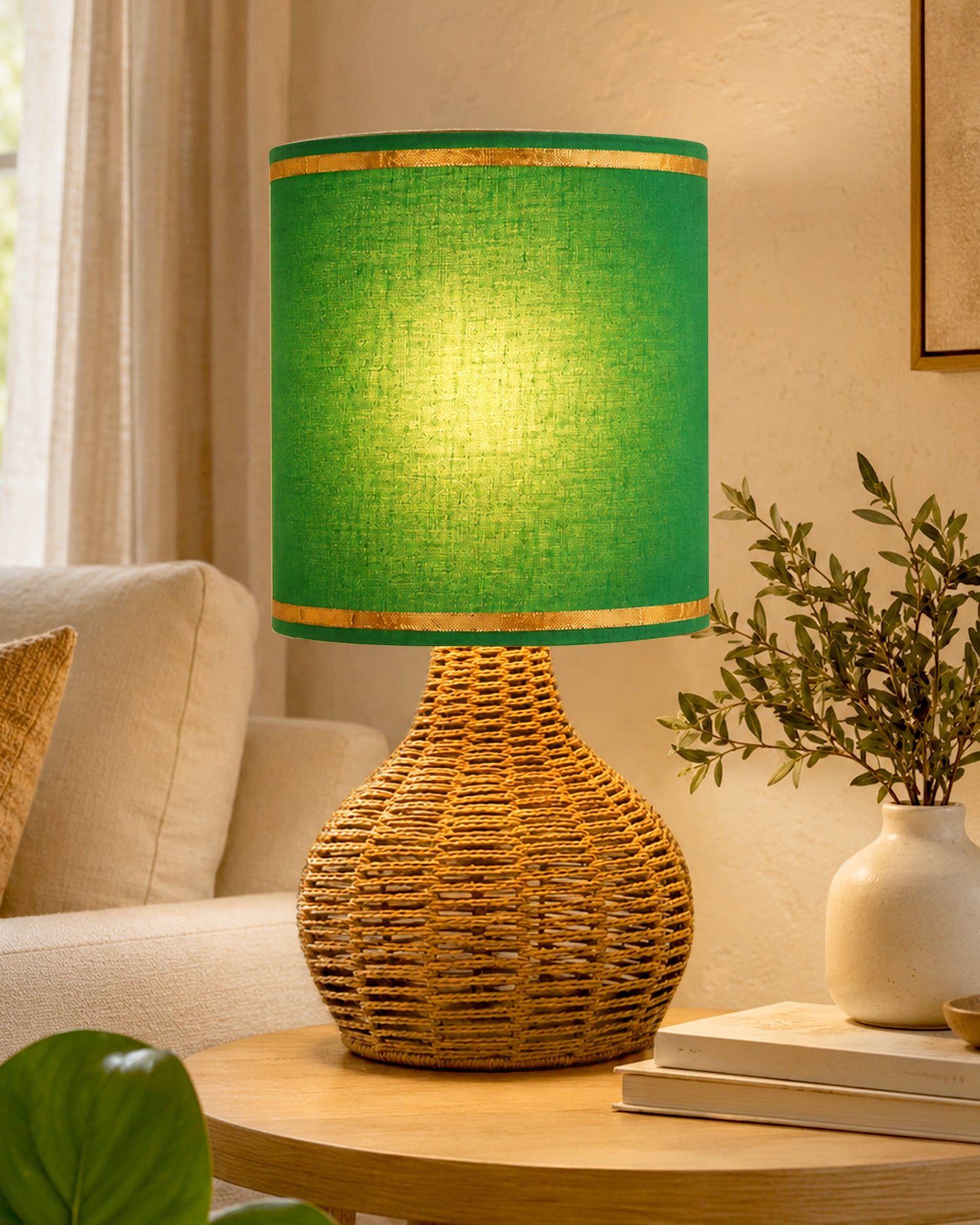 Homesake® Raffia Rattan Table Lamp, Small Nightstand Lamp with Linen Fabric Lampshade, Bedside Lamp for Bedroom, Living Room, Study & Livra Home Décor | Warm Ambient Lighting (Spinning, Jute)