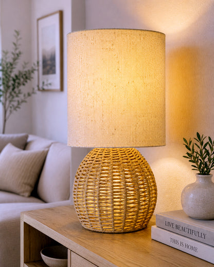 Homesake® Shade Rattan Table Lamp for Bedroom & Living Room, Natural Wicker Bedside Lamp for Bedroom, Living Room & Home Décor, E27 Holder, Livra, Scandinavian, Minimal Style Lighting (Round, Jute)