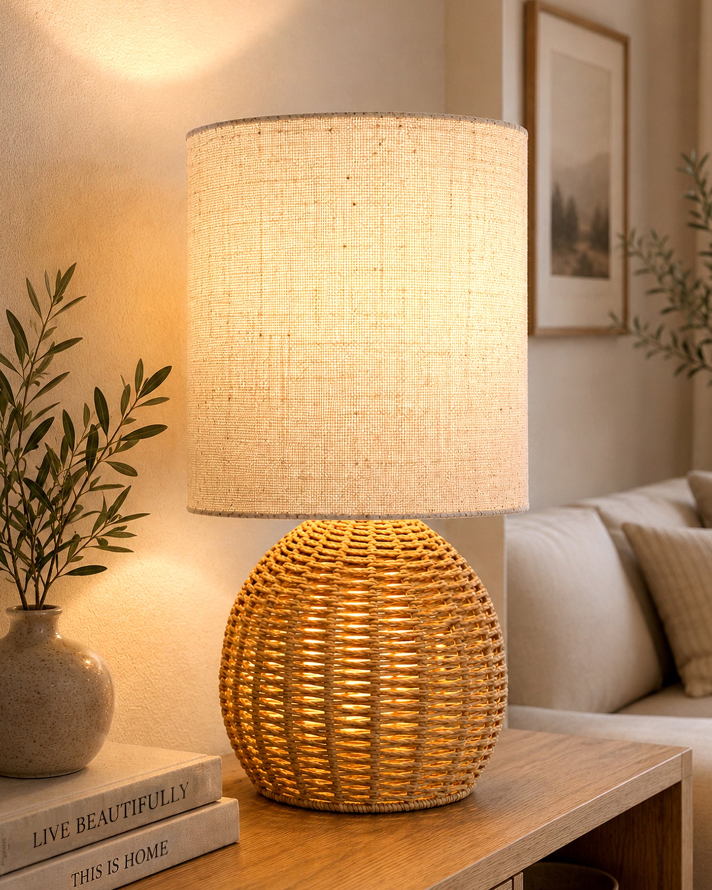 Homesake® Shade Rattan Table Lamp for Bedroom & Living Room, Natural Wicker Bedside Lamp for Bedroom, Living Room & Home Décor, E27 Holder, Livra, Scandinavian, Minimal Style Lighting (Round, Jute)