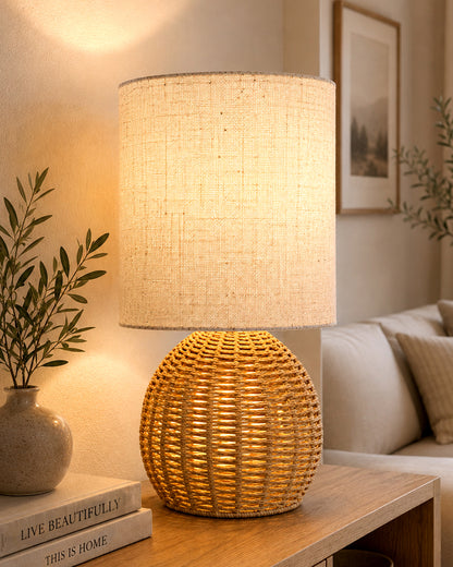Homesake® Shade Rattan Table Lamp for Bedroom & Living Room, Natural Wicker Bedside Lamp for Bedroom, Living Room & Home Décor, E27 Holder, Livra, Scandinavian, Minimal Style Lighting (Round, Jute)