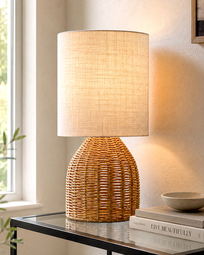 Homesake® Raffia Rattan Table Lamp with Fabric Shade, Small Nightstand Lamp, Natural Wicker Bedside Lamp for Bedroom, Living Room, Study & Home Décor, Livra Collection | E27 Holder
