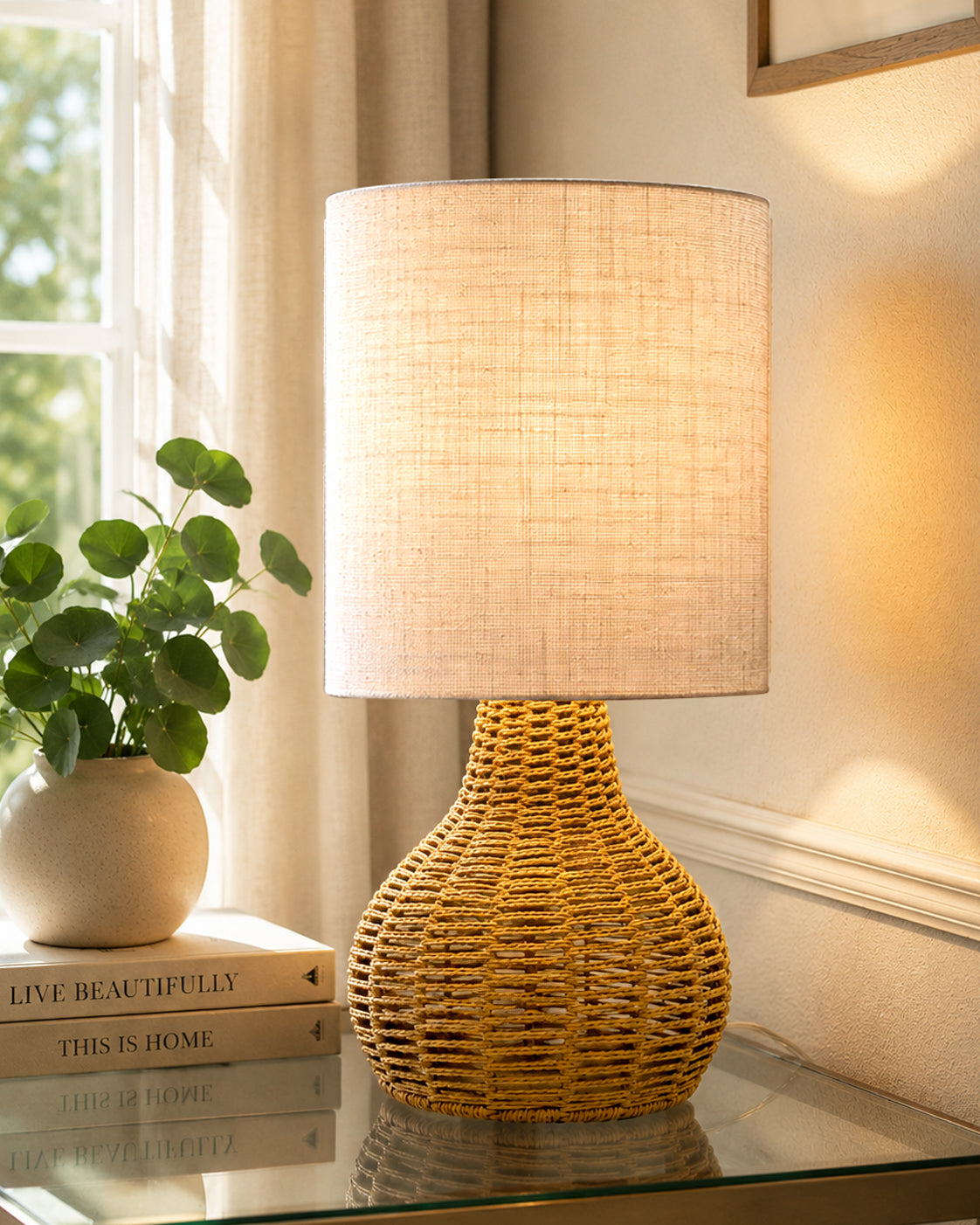 Homesake® Raffia Rattan Table Lamp, Small Nightstand Lamp with Linen Fabric Lampshade, Bedside Lamp for Bedroom, Living Room, Study & Livra Home Décor | Warm Ambient Lighting (Spinning, Jute)