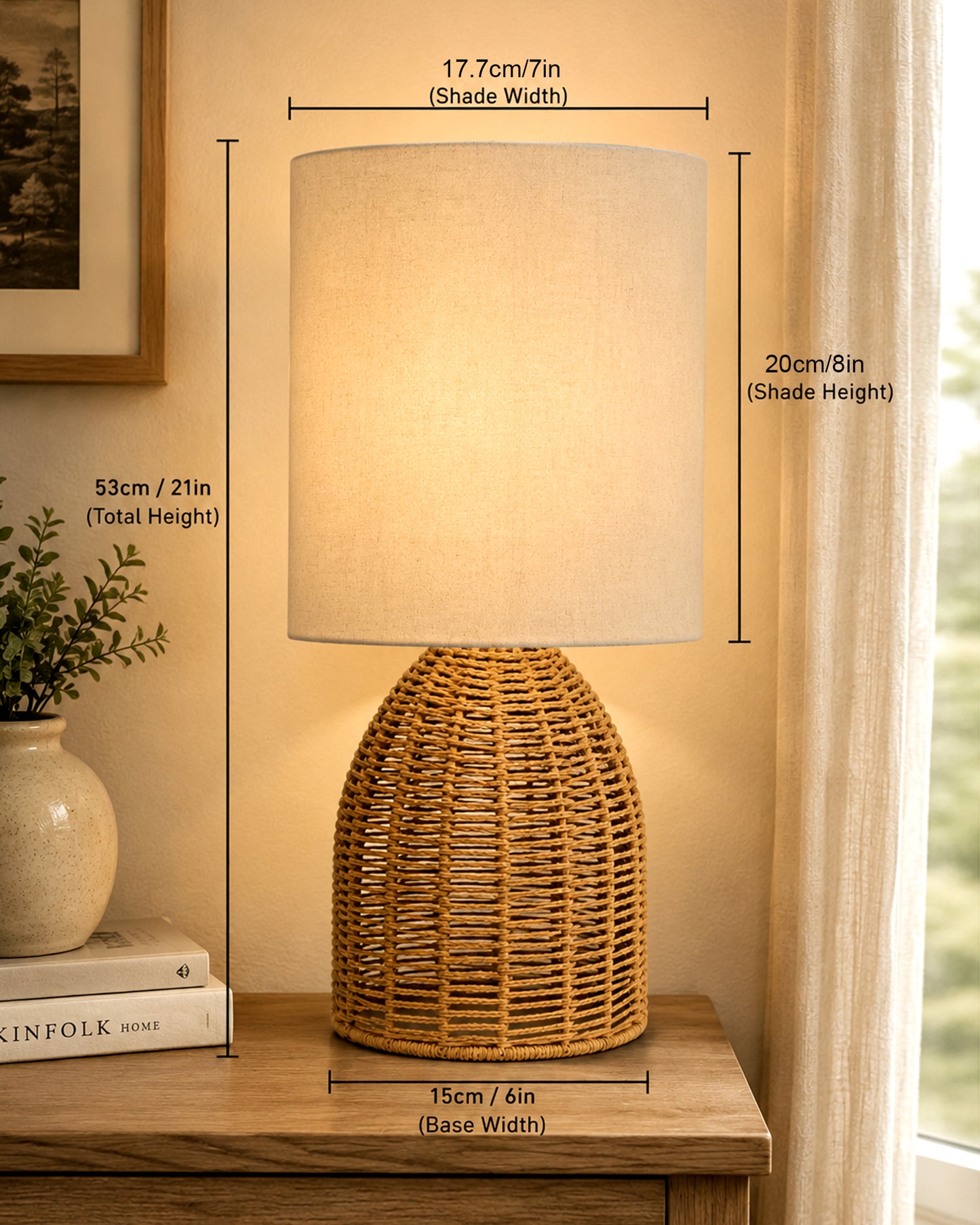 Homesake® Raffia Rattan Table Lamp with Fabric Shade, Small Nightstand Lamp, Natural Wicker Bedside Lamp for Bedroom, Living Room, Study & Home Décor, Livra Collection | E27 Holder