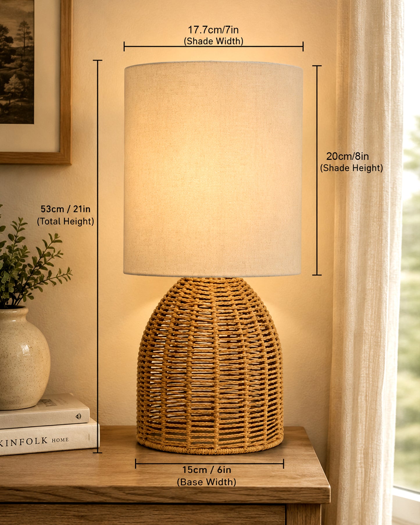 Homesake® Raffia Rattan Table Lamp with Fabric Shade, Small Nightstand Lamp, Natural Wicker Bedside Lamp for Bedroom, Living Room, Study & Home Décor, Livra Collection | E27 Holder