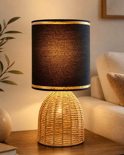 Homesake® Raffia Rattan Table Lamp with Fabric Shade, Small Nightstand Lamp, Natural Wicker Bedside Lamp for Bedroom, Living Room, Study & Home Décor, Livra Collection | E27 Holder