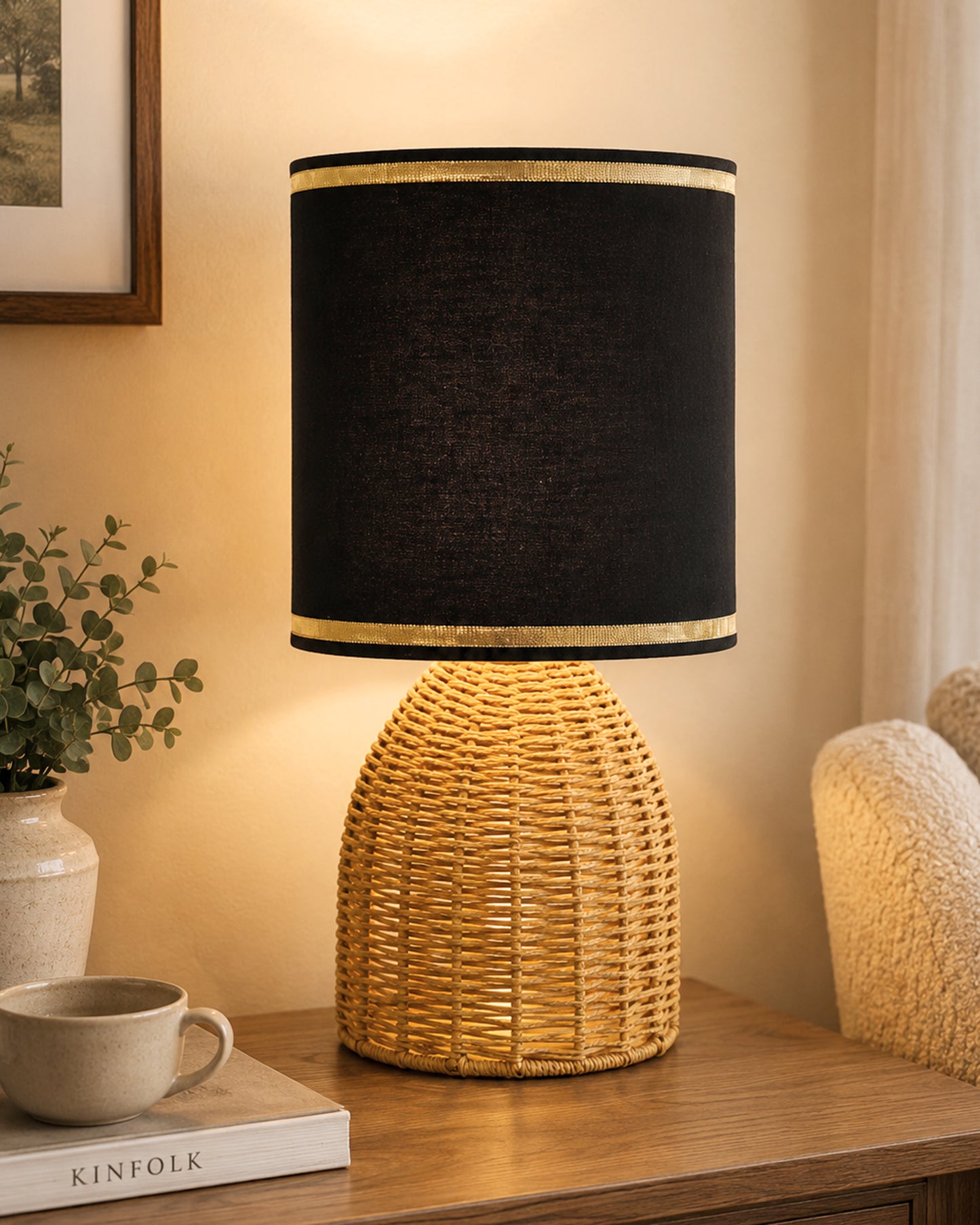 Homesake® Raffia Rattan Table Lamp with Fabric Shade, Small Nightstand Lamp, Natural Wicker Bedside Lamp for Bedroom, Living Room, Study & Home Décor, Livra Collection | E27 Holder