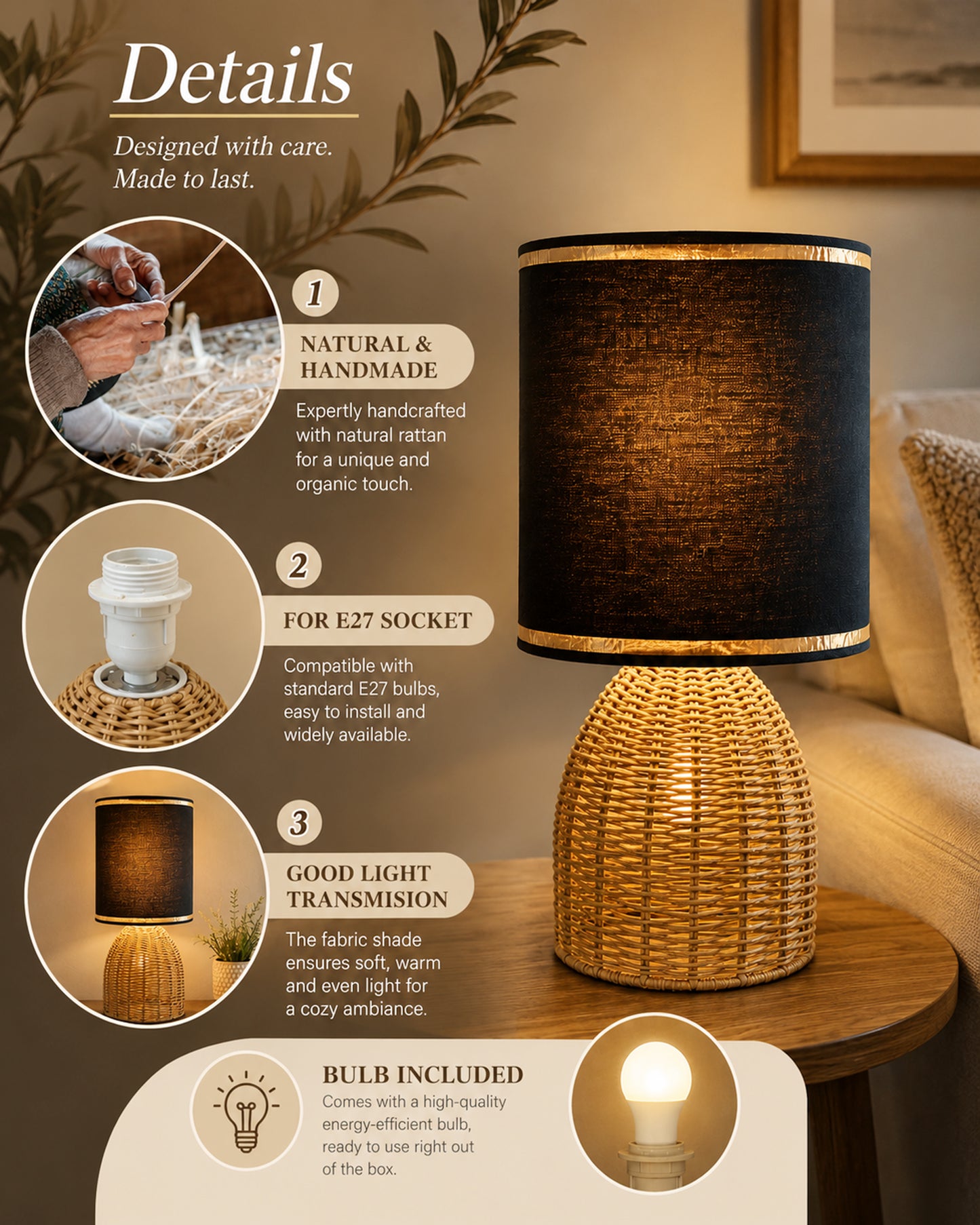 Homesake® Raffia Rattan Table Lamp with Fabric Shade, Small Nightstand Lamp, Natural Wicker Bedside Lamp for Bedroom, Living Room, Study & Home Décor, Livra Collection | E27 Holder