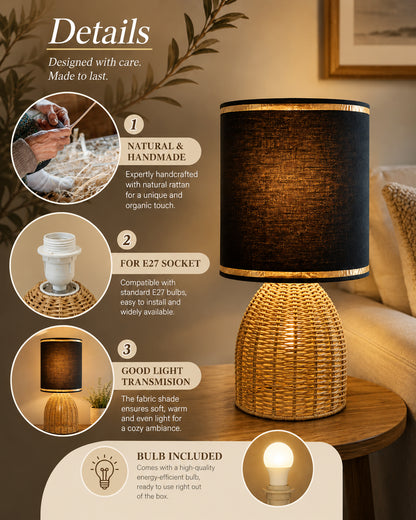 Homesake® Raffia Rattan Table Lamp with Fabric Shade, Small Nightstand Lamp, Natural Wicker Bedside Lamp for Bedroom, Living Room, Study & Home Décor, Livra Collection | E27 Holder