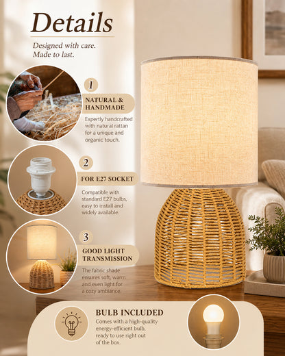 Homesake® Raffia Rattan Table Lamp with Fabric Shade, Small Nightstand Lamp, Natural Wicker Bedside Lamp for Bedroom, Living Room, Study & Home Décor, Livra Collection | E27 Holder