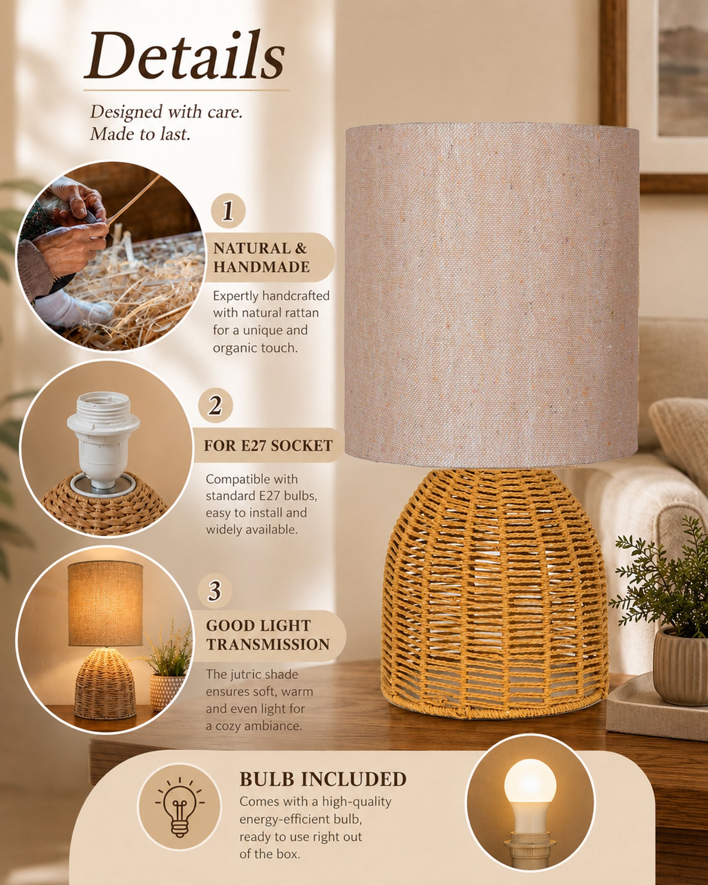 Homesake® Raffia Rattan Table Lamp with Fabric Shade, Small Nightstand Lamp, Natural Wicker Bedside Lamp for Bedroom, Living Room, Study & Home Décor, Livra Collection | E27 Holder