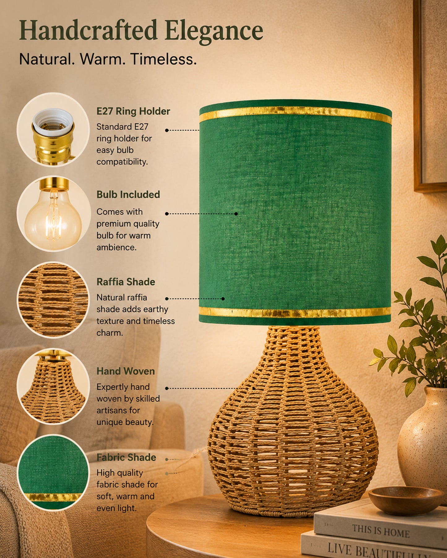 Homesake® Raffia Rattan Table Lamp, Small Nightstand Lamp with Linen Fabric Lampshade, Bedside Lamp for Bedroom, Living Room, Study & Livra Home Décor | Warm Ambient Lighting (Spinning, Jute)