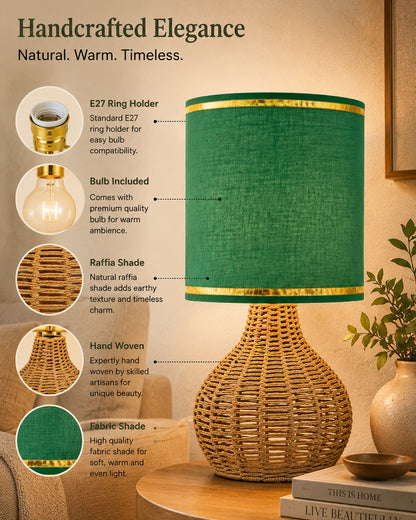 Homesake® Raffia Rattan Table Lamp, Small Nightstand Lamp with Linen Fabric Lampshade, Bedside Lamp for Bedroom, Living Room, Study & Livra Home Décor | Warm Ambient Lighting (Spinning, Jute)