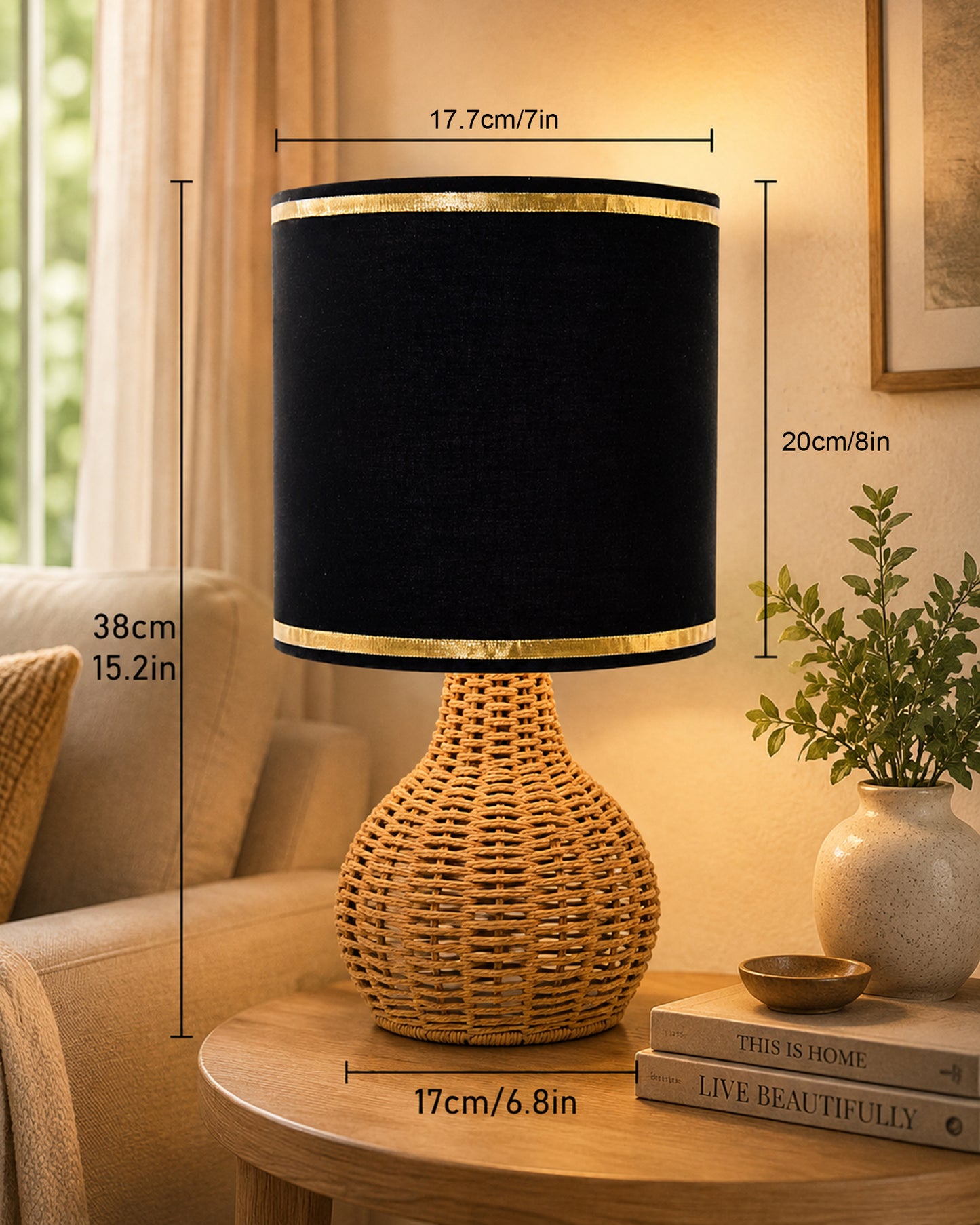 Homesake® Raffia Rattan Table Lamp, Small Nightstand Lamp with Linen Fabric Lampshade, Bedside Lamp for Bedroom, Living Room, Study & Livra Home Décor | Warm Ambient Lighting (Spinning, Jute)
