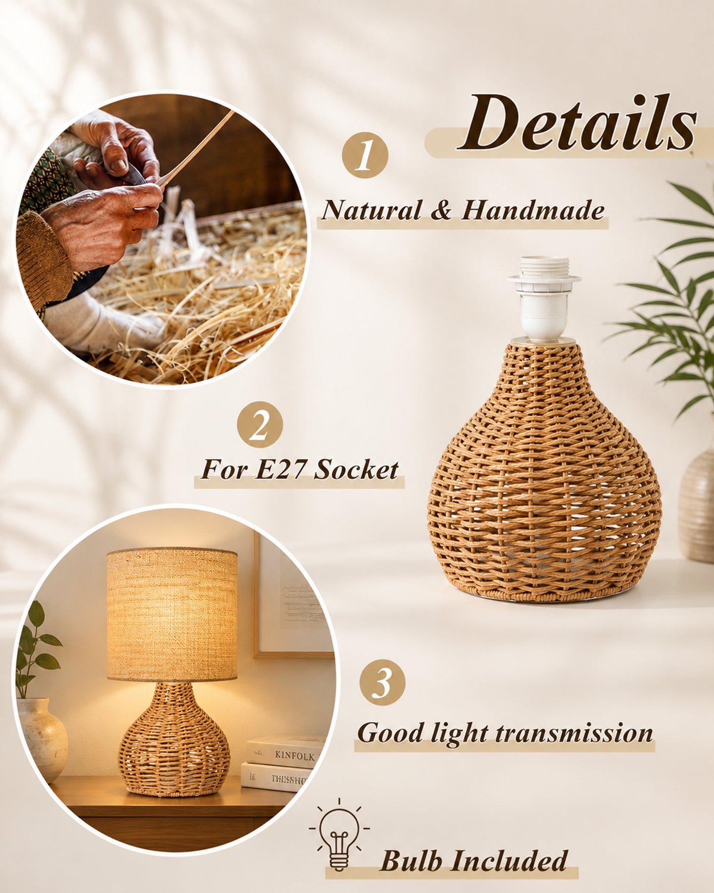 Homesake® Raffia Rattan Table Lamp, Small Nightstand Lamp with Linen Fabric Lampshade, Bedside Lamp for Bedroom, Living Room, Study & Livra Home Décor | Warm Ambient Lighting (Spinning, Jute)