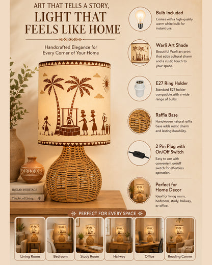 Homesake® Raffia Rattan Table Lamp, Small Nightstand Lamp with Linen Fabric Lampshade, Bedside Lamp for Bedroom, Living Room, Study & Livra Home Décor | Warm Ambient Lighting (Spinning, Jute)