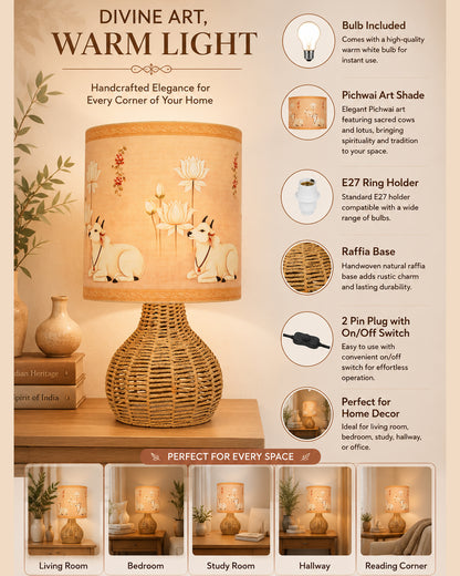 Homesake® Raffia Rattan Table Lamp, Small Nightstand Lamp with Linen Fabric Lampshade, Bedside Lamp for Bedroom, Living Room, Study & Livra Home Décor | Warm Ambient Lighting (Spinning, Jute)