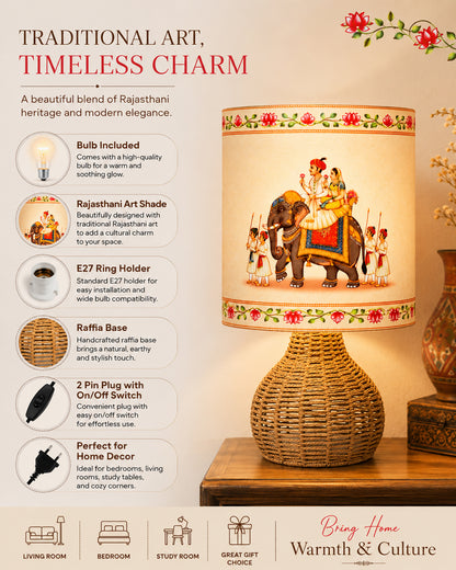Homesake® Raffia Rattan Table Lamp, Small Nightstand Lamp with Linen Fabric Lampshade, Bedside Lamp for Bedroom, Living Room, Study & Livra Home Décor | Warm Ambient Lighting (Spinning, Jute)