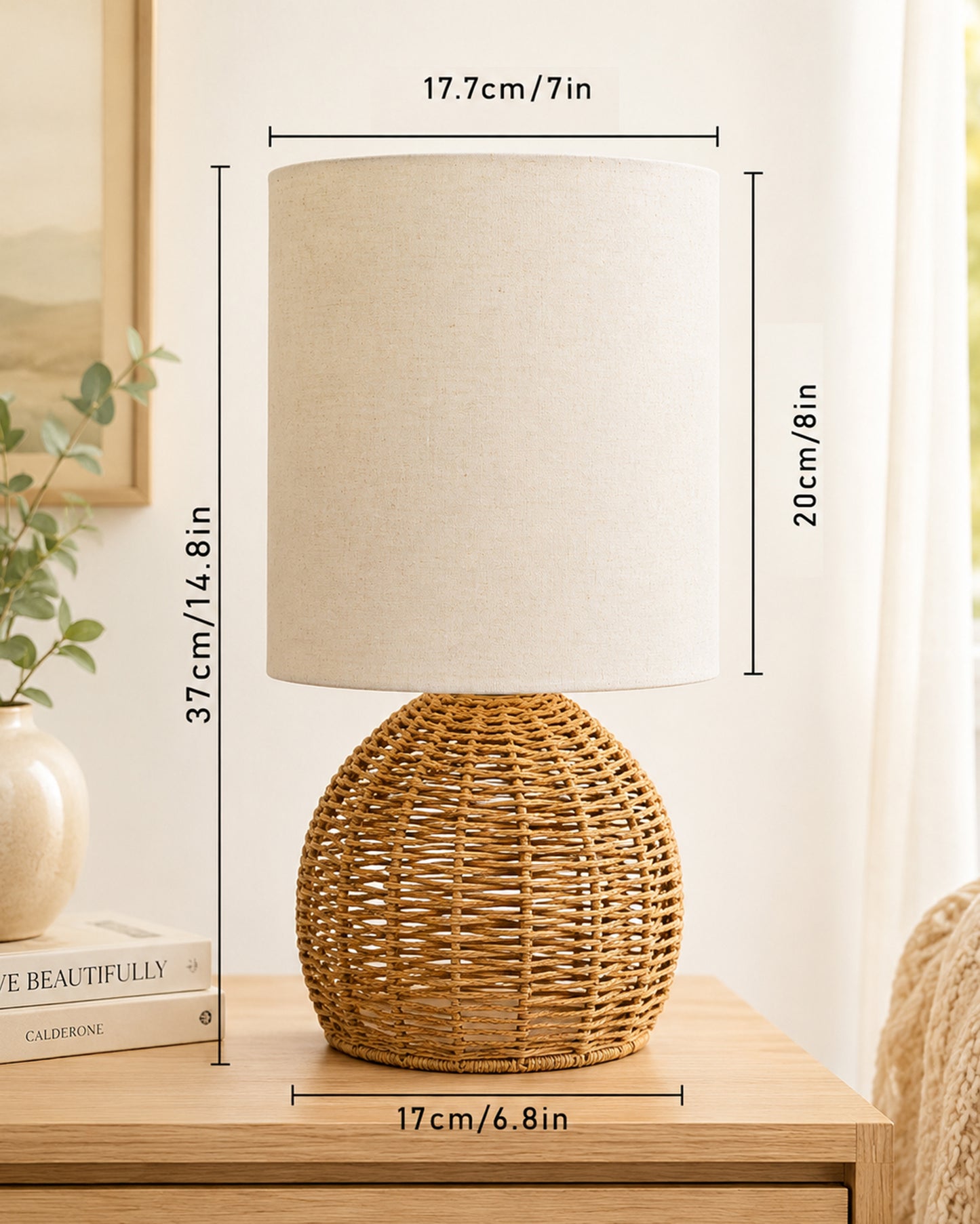 Homesake® Shade Rattan Table Lamp for Bedroom & Living Room, Natural Wicker Bedside Lamp for Bedroom, Living Room & Home Décor, E27 Holder, Livra, Scandinavian, Minimal Style Lighting (Round, Jute)
