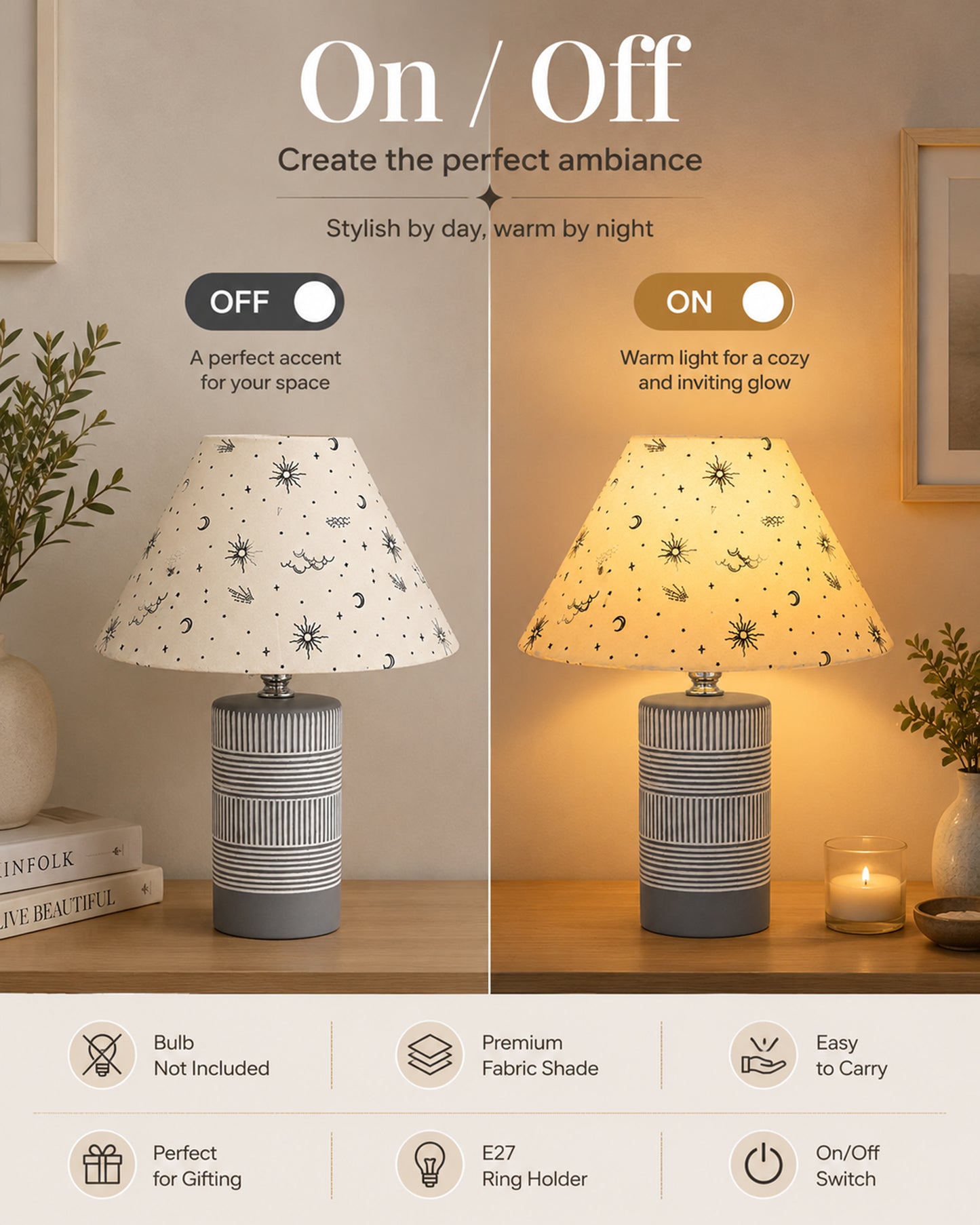 Homesake® Artisan Grey Ribbed Ceramic Table Lamp with Fabric Shade | Decorative Bedside Nightstand Lamp for Bedroom, Living Room, Study & Home Office | Modern E27 Table Light