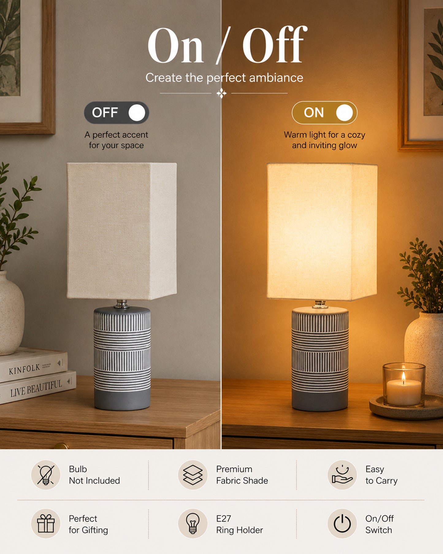 Homesake® Artisan Grey Ribbed Ceramic Table Lamp with Fabric Shade | Decorative Bedside Nightstand Lamp for Bedroom, Living Room, Study & Home Office | Modern E27 Table Light