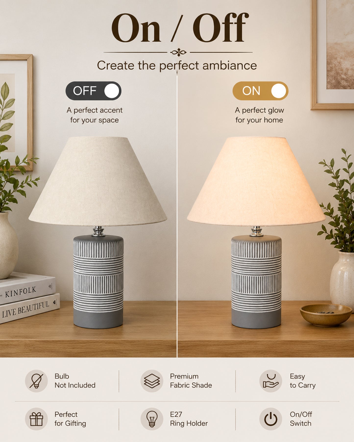 Homesake® Artisan Grey Ribbed Ceramic Table Lamp with Fabric Shade | Decorative Bedside Nightstand Lamp for Bedroom, Living Room, Study & Home Office | Modern E27 Table Light