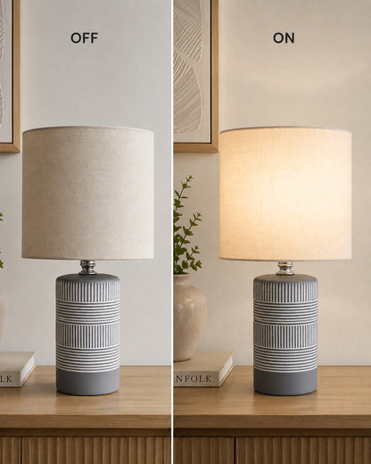 Homesake® Artisan Grey Ribbed Ceramic Table Lamp with Fabric Shade | Decorative Bedside Nightstand Lamp for Bedroom, Living Room, Study & Home Office | Modern E27 Table Light