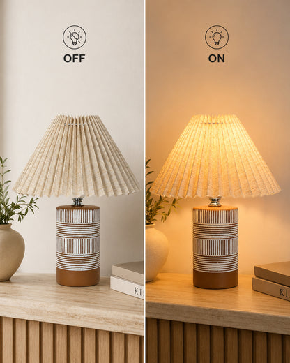 Homesake® Artisan Brown Ribbed Ceramic Table Lamp with Fabric Shade | Decorative Bedside Nightstand Lamp for Bedroom, Living Room, Study & Home Office | Modern E27 Table Light