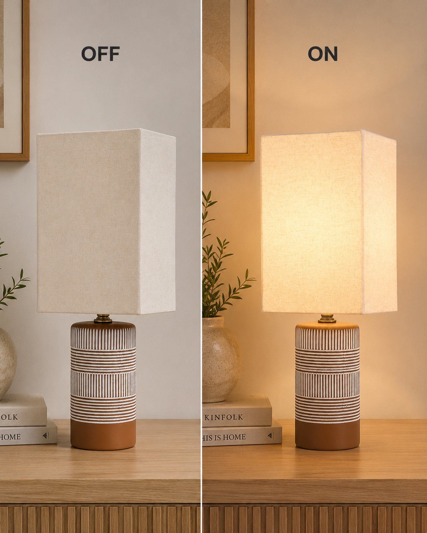 Homesake® Artisan Brown Ribbed Ceramic Table Lamp with Fabric Shade | Decorative Bedside Nightstand Lamp for Bedroom, Living Room, Study & Home Office | Modern E27 Table Light