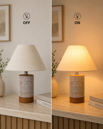 Homesake® Artisan Brown Ribbed Ceramic Table Lamp with Fabric Shade | Decorative Bedside Nightstand Lamp for Bedroom, Living Room, Study & Home Office | Modern E27 Table Light