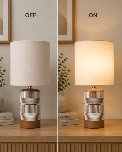 Homesake® Artisan Brown Ribbed Ceramic Table Lamp with Fabric Shade | Decorative Bedside Nightstand Lamp for Bedroom, Living Room, Study & Home Office | Modern E27 Table Light