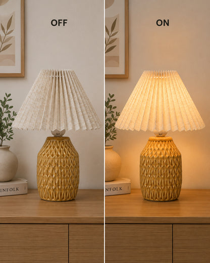 Homesake® Artisan Textured Ceramic Table Lamp with Fabric Shade, Brown Glossy Glazed Bedside Lamp, E27 Decorative Table Light for Bedroom, Living Room, Study, Home & Office