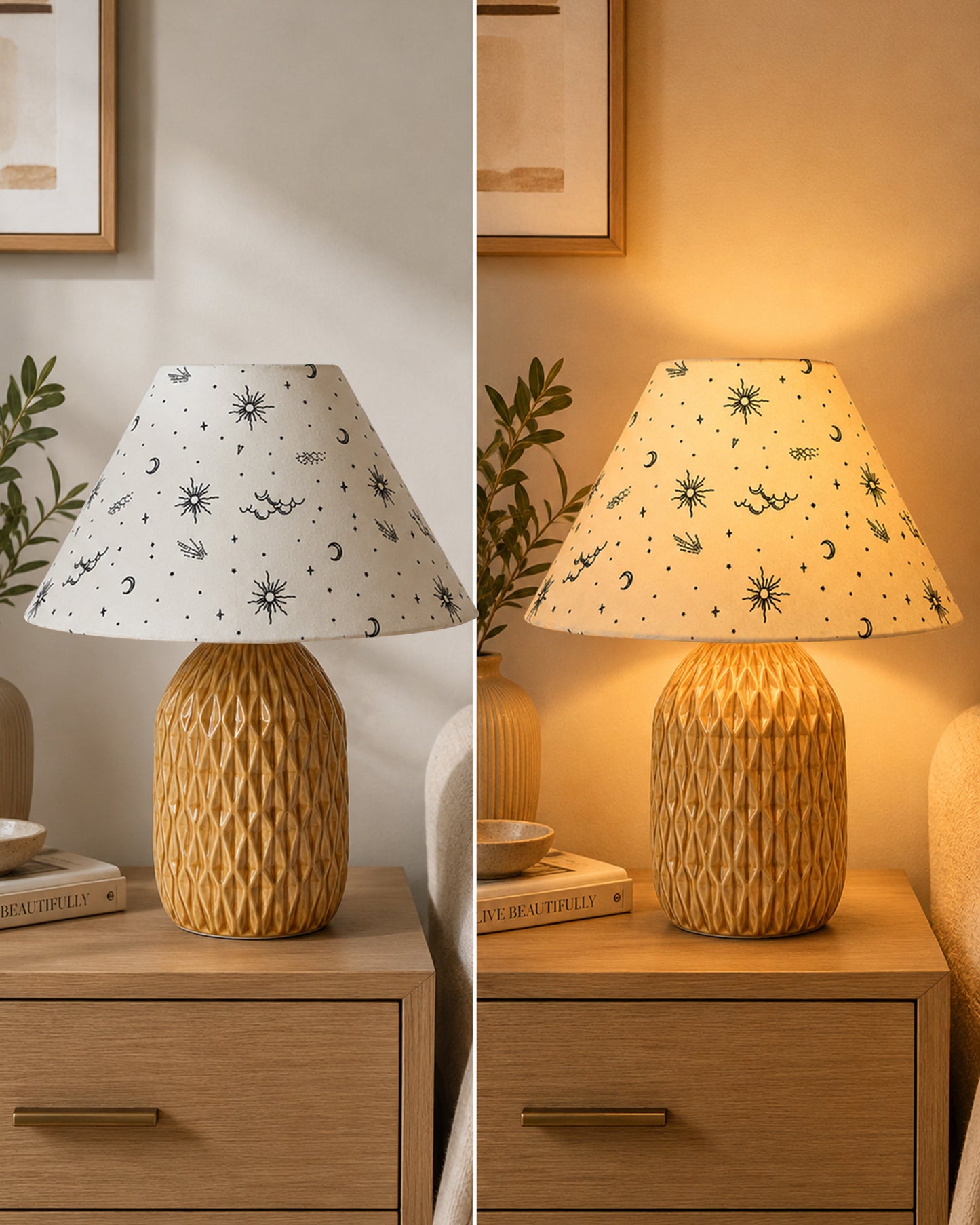 Homesake® Artisan Textured Ceramic Table Lamp with Fabric Shade, Brown Glossy Glazed Bedside Lamp, E27 Decorative Table Light for Bedroom, Living Room, Study, Home & Office