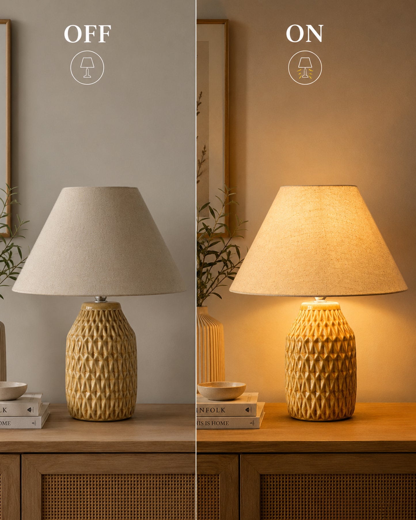Homesake® Artisan Textured Ceramic Table Lamp with Fabric Shade, Brown Glossy Glazed Bedside Lamp, E27 Decorative Table Light for Bedroom, Living Room, Study, Home & Office