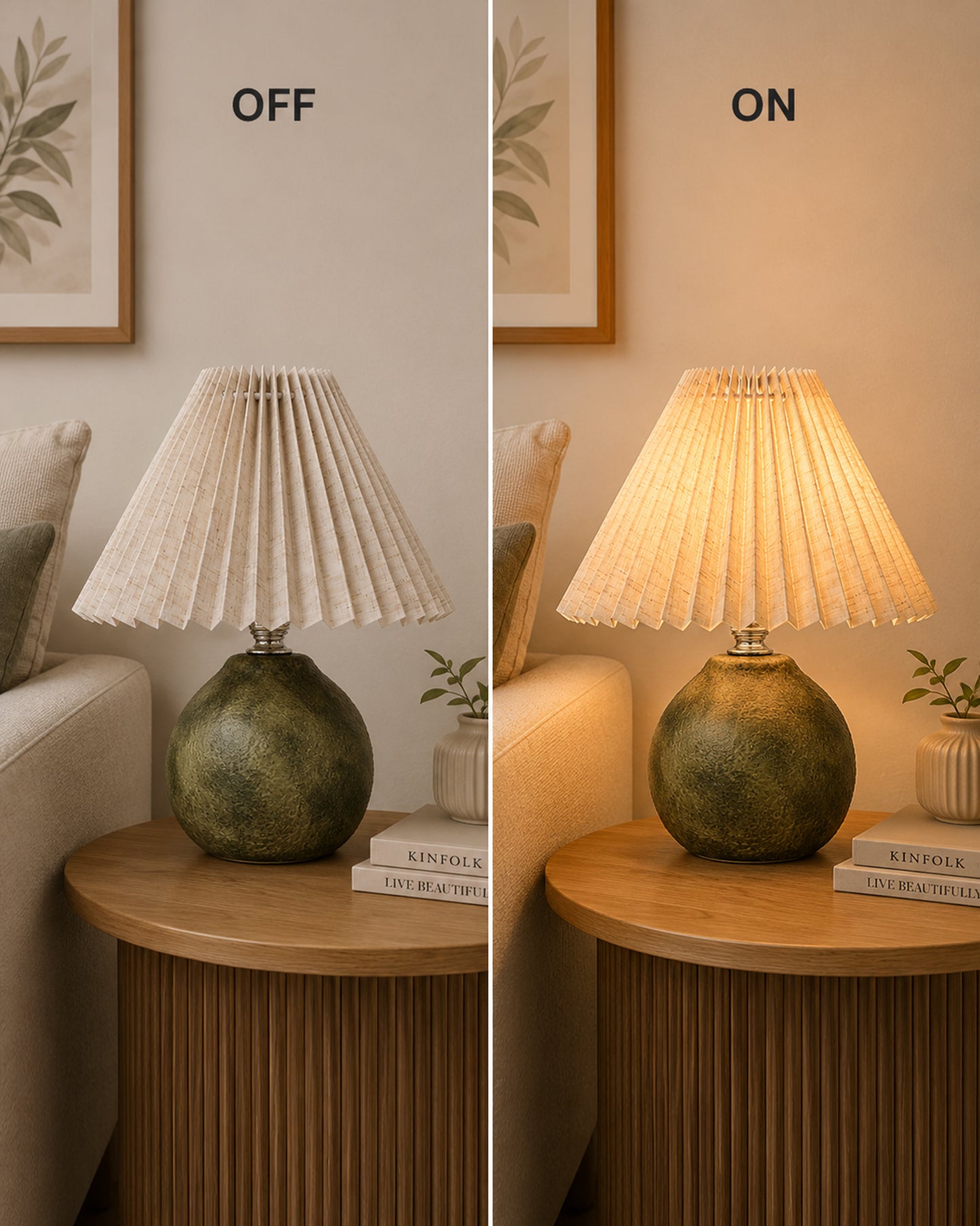 Homesake® Artisan Distressed Green Ceramic Table Lamp with Pleated Khadi Fabric Shade | Decorative Bedside Lamp for Bedroom, Living Room, Study | E27 Home Décor Light