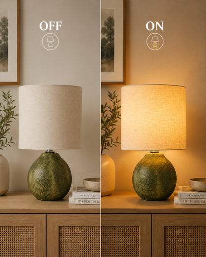 Homesake® Artisan Distressed Green Ceramic Table Lamp with Pleated Khadi Fabric Shade | Decorative Bedside Lamp for Bedroom, Living Room, Study | E27 Home Décor Light