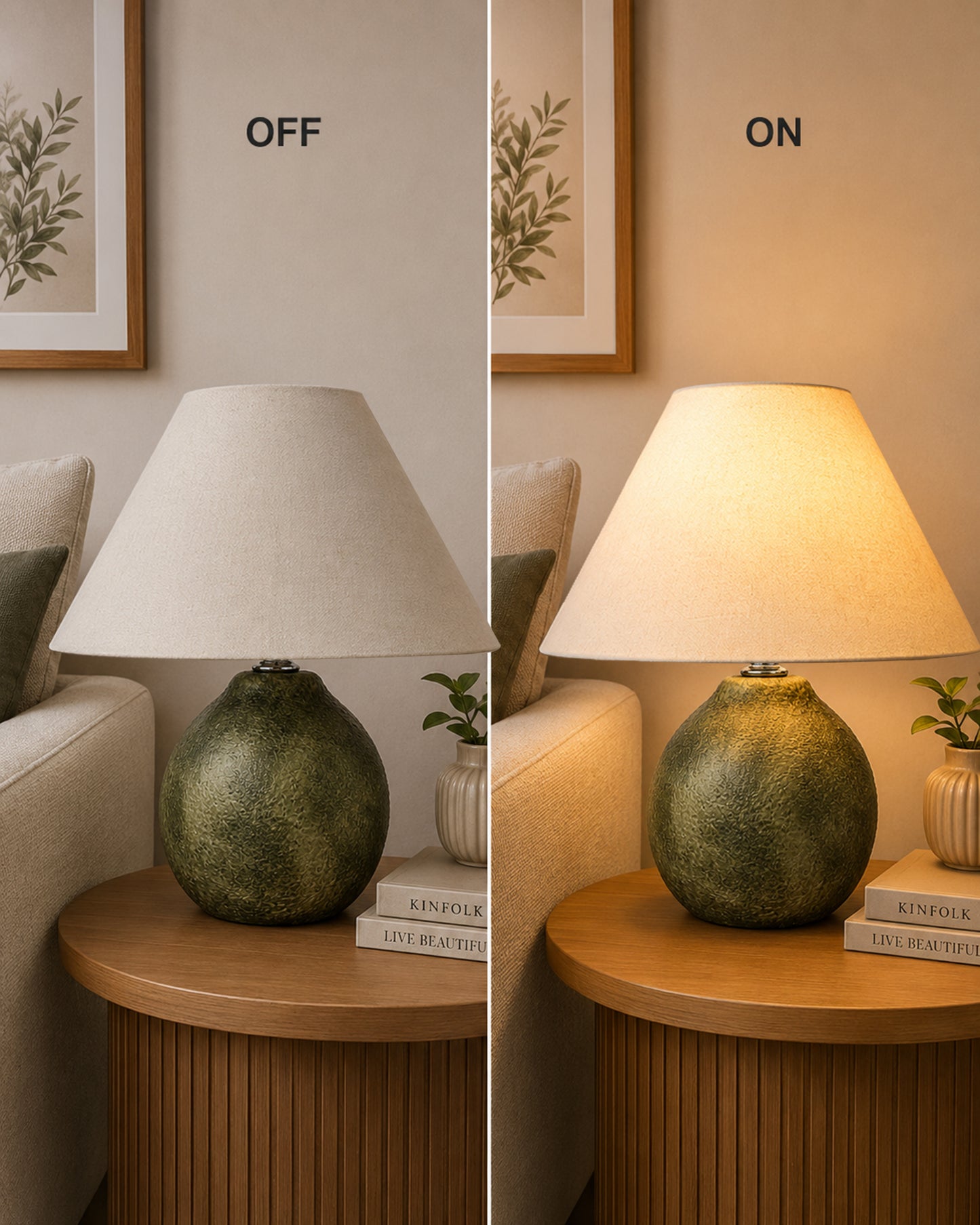 Homesake® Artisan Distressed Green Ceramic Table Lamp with Pleated Khadi Fabric Shade | Decorative Bedside Lamp for Bedroom, Living Room, Study | E27 Home Décor Light